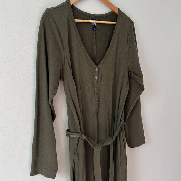Gap Olive Green Knit Belted Jumpsuit w/ Pockets - Picture 5 of 6